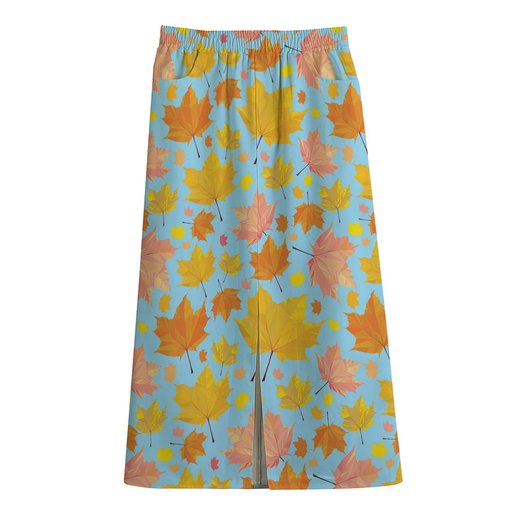 Pastel Maple Leaves Pattern Print Cotton Front Slit Maxi Skirt