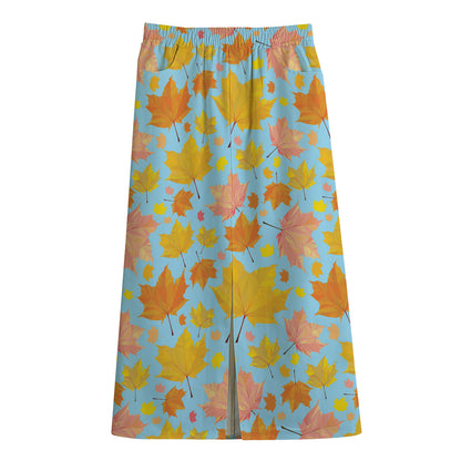 Pastel Maple Leaves Pattern Print Cotton Front Slit Maxi Skirt