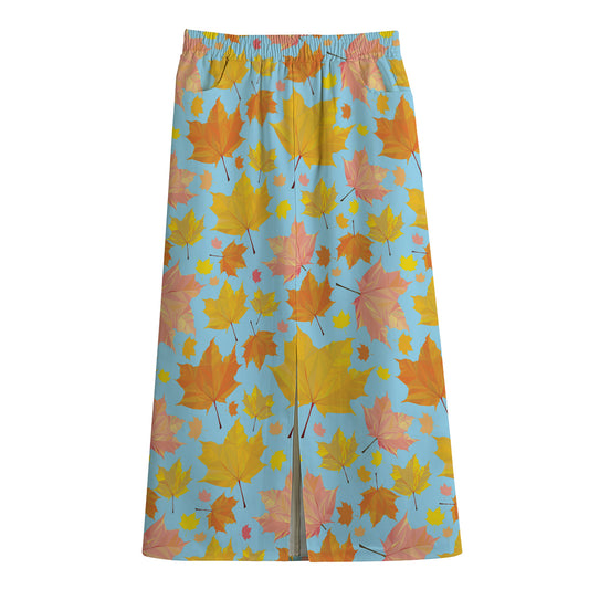 Pastel Maple Leaves Pattern Print Cotton Front Slit Maxi Skirt