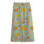 Pastel Maple Leaves Pattern Print Cotton Front Slit Maxi Skirt