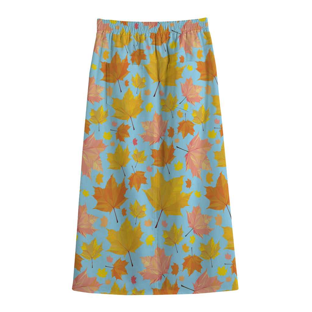 Pastel Maple Leaves Pattern Print Cotton Front Slit Maxi Skirt