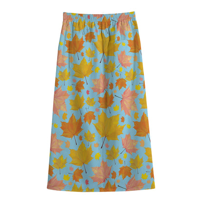 Pastel Maple Leaves Pattern Print Cotton Front Slit Maxi Skirt