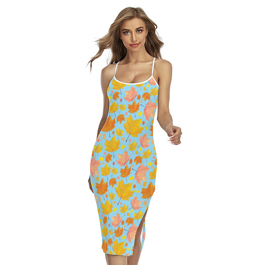 Pastel Maple Leaves Pattern Print Cross Back Cami Dress