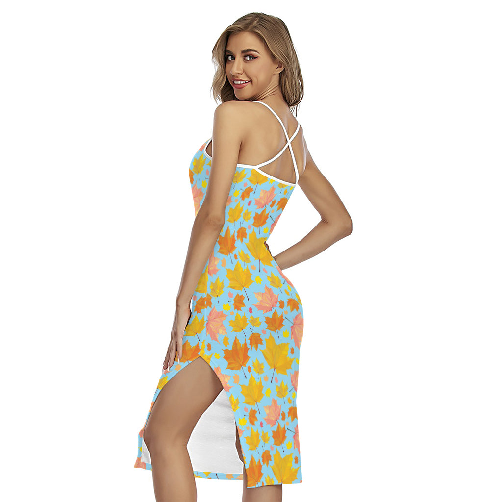 Pastel Maple Leaves Pattern Print Cross Back Cami Dress
