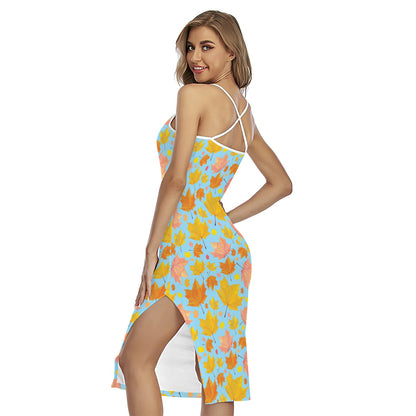 Pastel Maple Leaves Pattern Print Cross Back Cami Dress