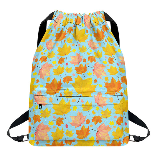 Pastel Maple Leaves Pattern Print Drawstring Backpack