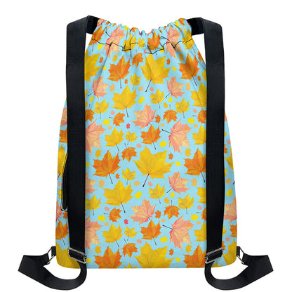 Pastel Maple Leaves Pattern Print Drawstring Backpack