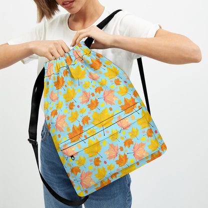Pastel Maple Leaves Pattern Print Drawstring Backpack