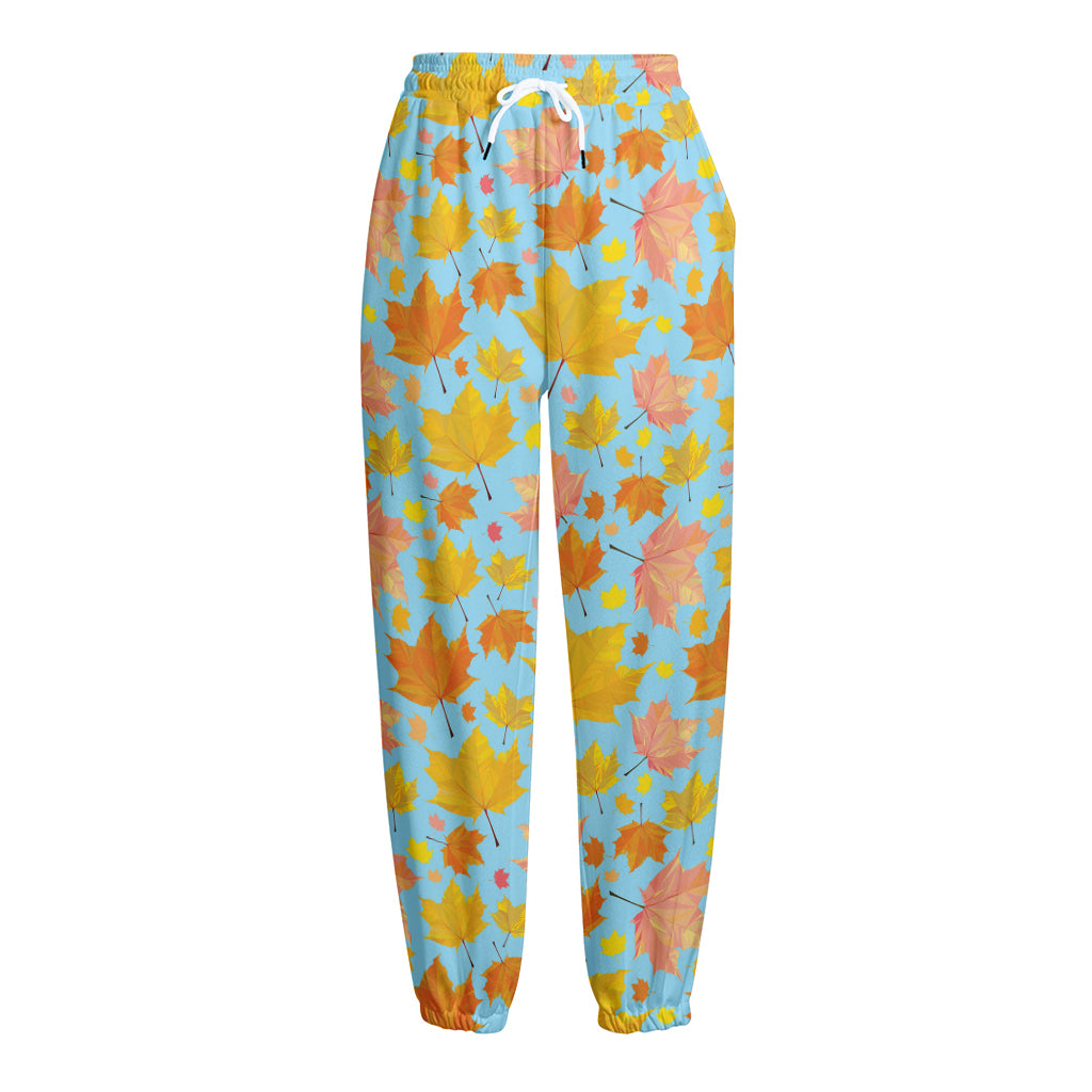 Pastel Maple Leaves Pattern Print Fleece Lined Knit Pants