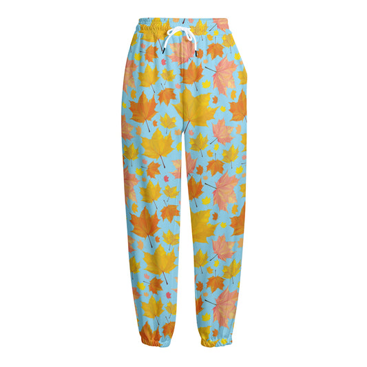 Pastel Maple Leaves Pattern Print Fleece Lined Knit Pants