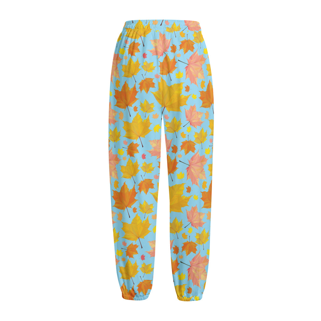 Pastel Maple Leaves Pattern Print Fleece Lined Knit Pants