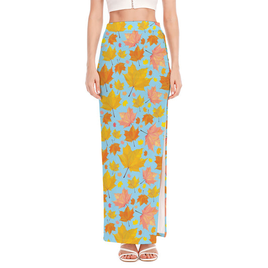 Pastel Maple Leaves Pattern Print High Slit Maxi Skirt