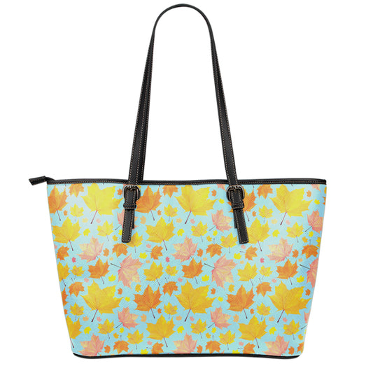 Pastel Maple Leaves Pattern Print Leather Tote Bag