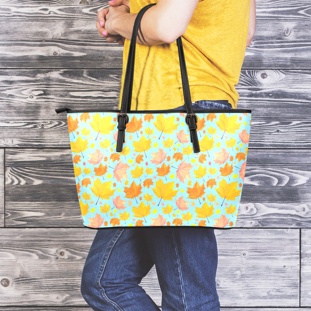 Pastel Maple Leaves Pattern Print Leather Tote Bag