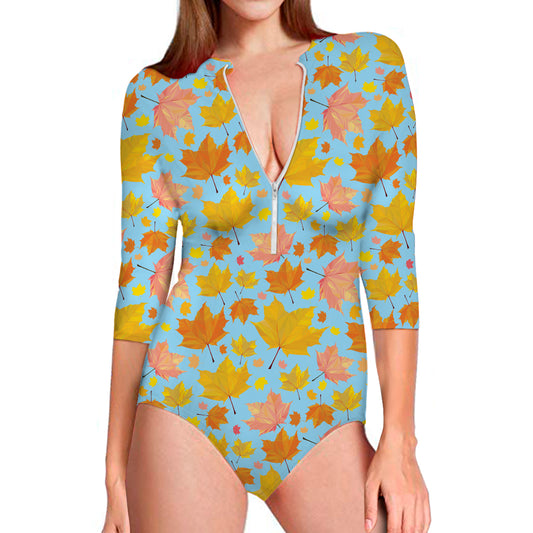 Pastel Maple Leaves Pattern Print Long Sleeve Swimsuit