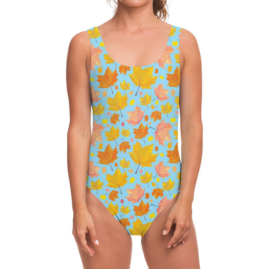 Pastel Maple Leaves Pattern Print One Piece Swimsuit