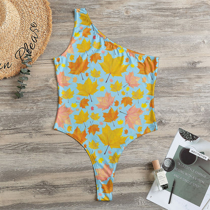 Pastel Maple Leaves Pattern Print One Shoulder Bodysuit