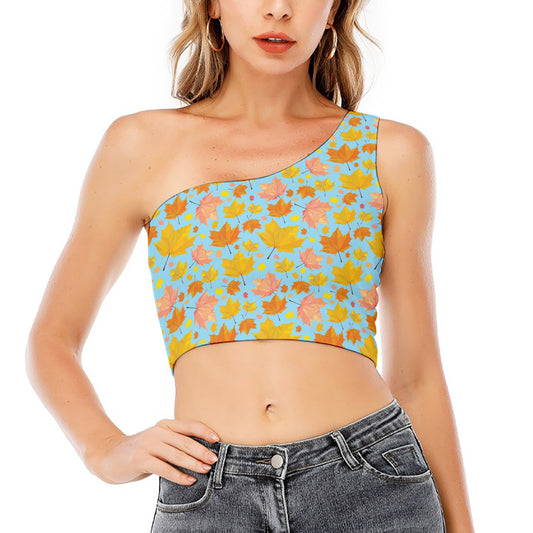 Pastel Maple Leaves Pattern Print One Shoulder Crop Top