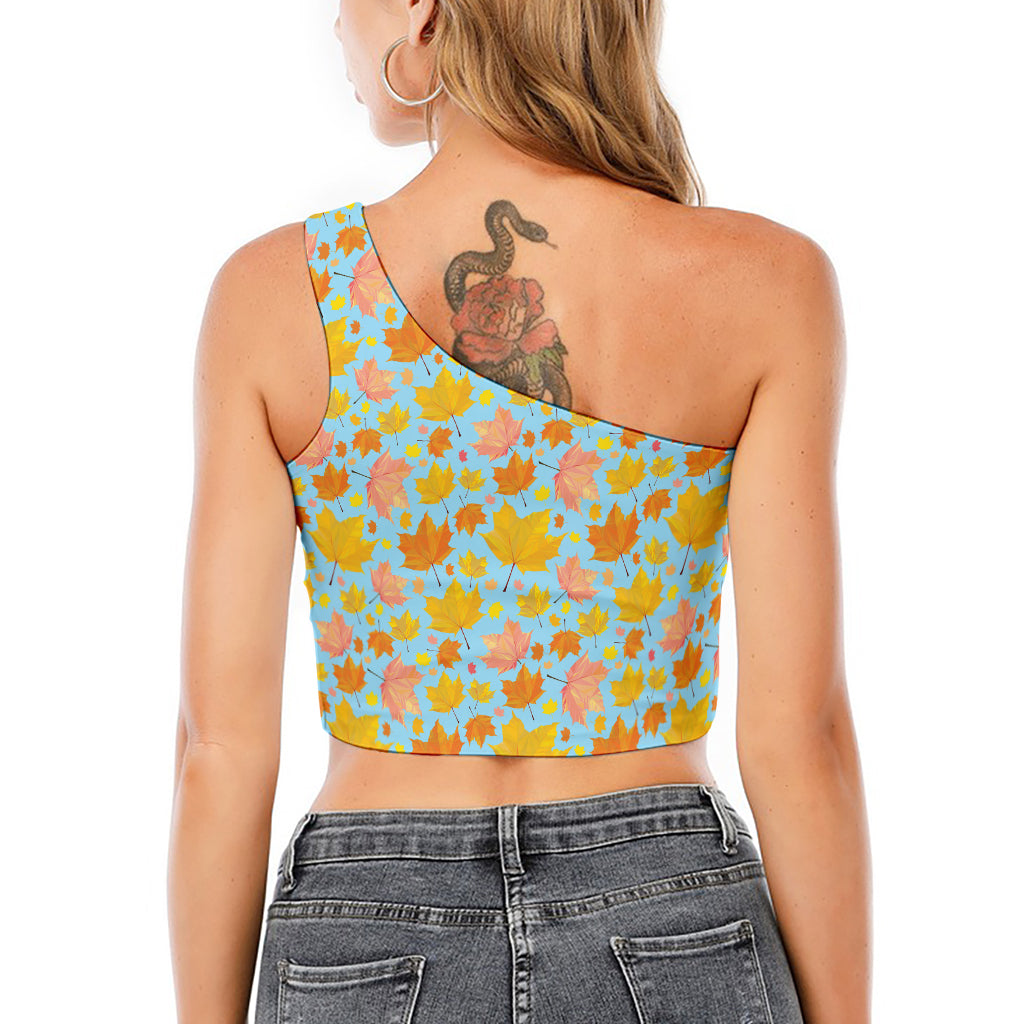 Pastel Maple Leaves Pattern Print One Shoulder Crop Top