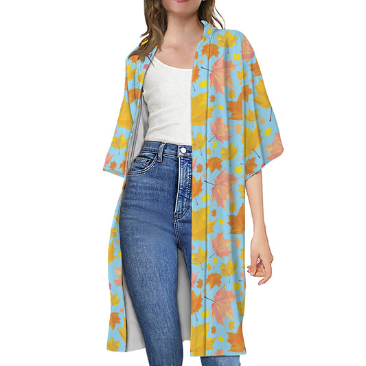 Pastel Maple Leaves Pattern Print Open Front Beach Cover Up