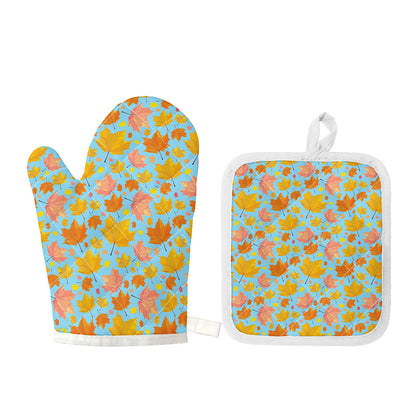 Pastel Maple Leaves Pattern Print Oven Mitt And Pot Holder Set