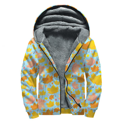 Pastel Maple Leaves Pattern Print Sherpa Lined Zip Up Hoodie