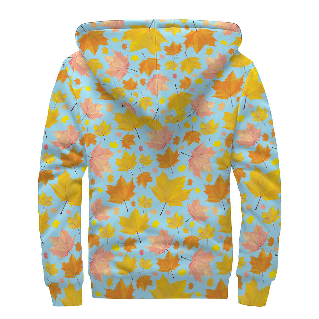 Pastel Maple Leaves Pattern Print Sherpa Lined Zip Up Hoodie