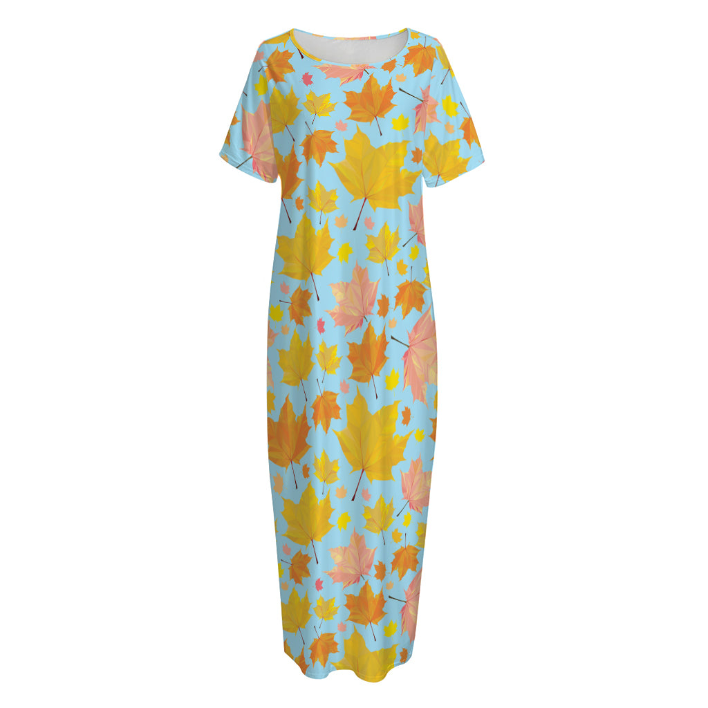Pastel Maple Leaves Pattern Print Short Sleeve Long Nightdress