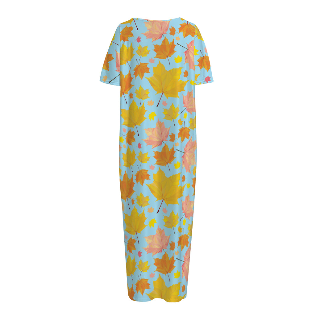 Pastel Maple Leaves Pattern Print Short Sleeve Long Nightdress