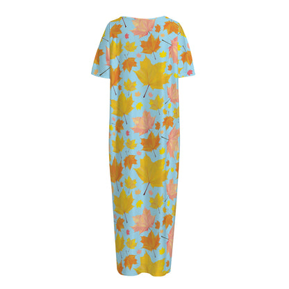 Pastel Maple Leaves Pattern Print Short Sleeve Long Nightdress