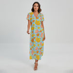 Pastel Maple Leaves Pattern Print Short Sleeve Maxi Dress