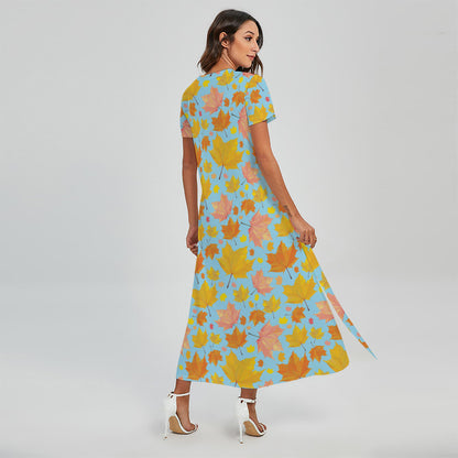 Pastel Maple Leaves Pattern Print Short Sleeve Maxi Dress
