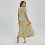 Pastel Maple Leaves Pattern Print Short Sleeve Maxi Dress