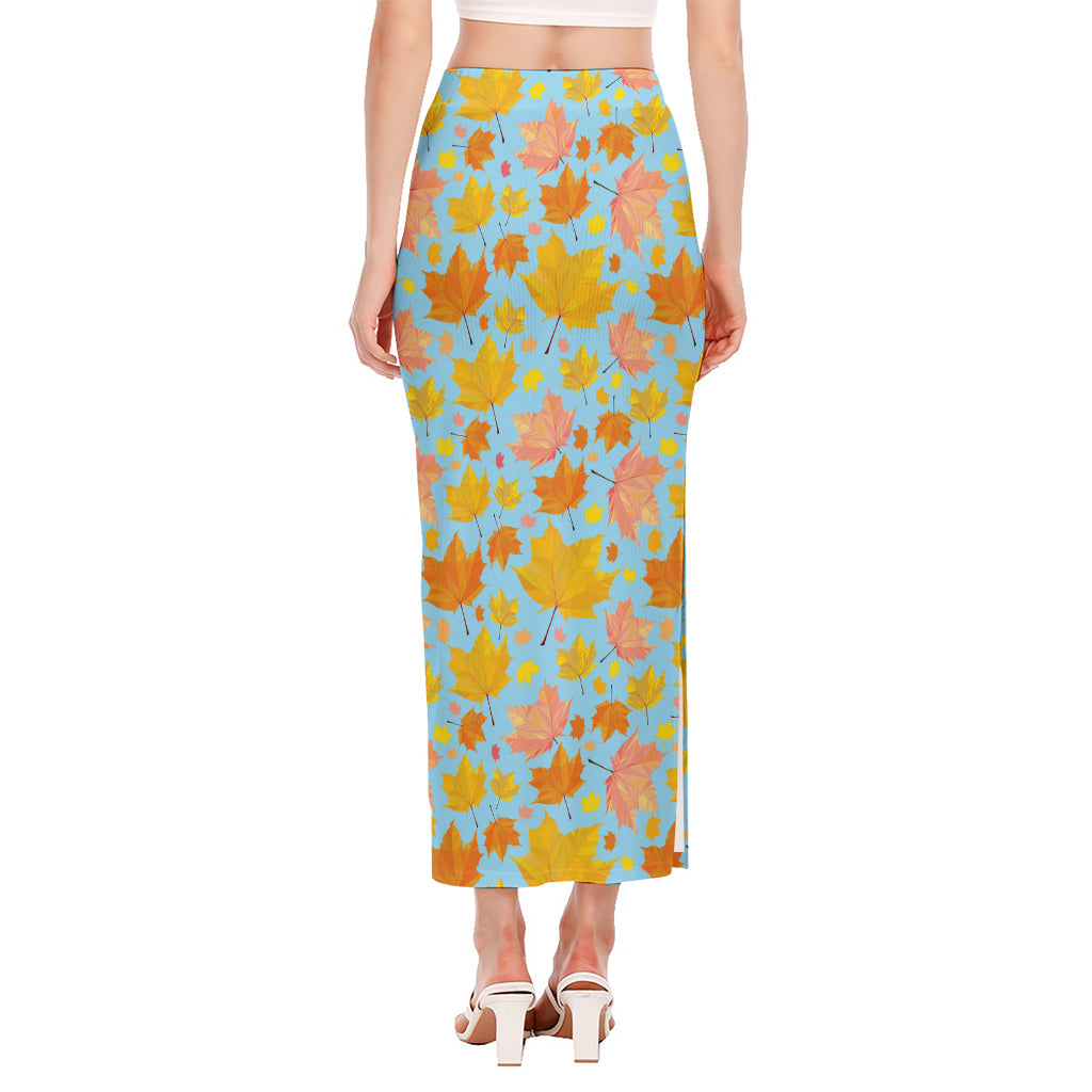 Pastel Maple Leaves Pattern Print Side Slit Maxi Skirt