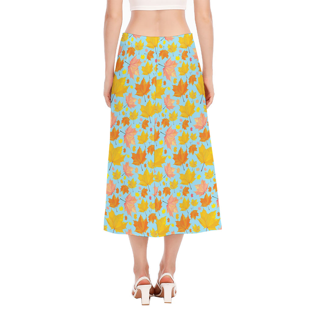 Pastel Maple Leaves Pattern Print Side Slit Midi Skirt