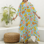 Pastel Maple Leaves Pattern Print Silk V-Neck Kaftan Dress