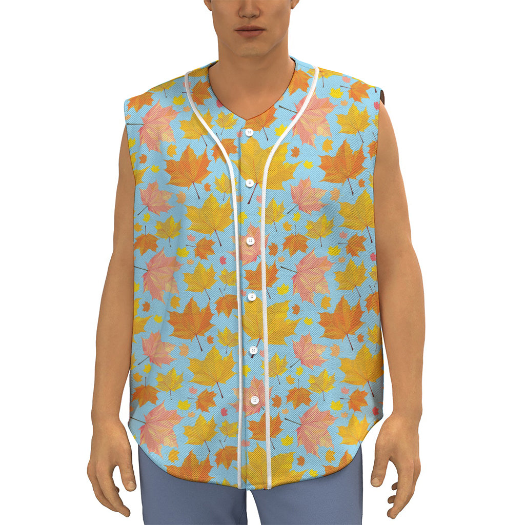 Pastel Maple Leaves Pattern Print Sleeveless Baseball Jersey