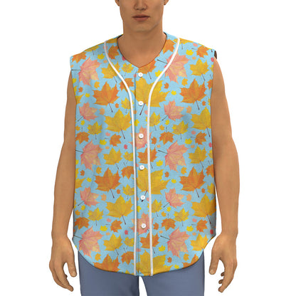 Pastel Maple Leaves Pattern Print Sleeveless Baseball Jersey