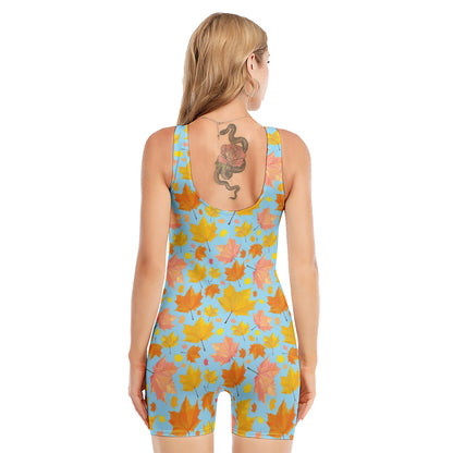 Pastel Maple Leaves Pattern Print Sleeveless One Piece Swimsuit