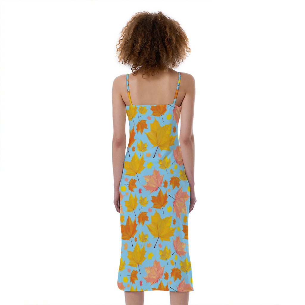 Pastel Maple Leaves Pattern Print Slim Fit Midi Cami Dress