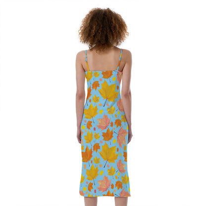 Pastel Maple Leaves Pattern Print Slim Fit Midi Cami Dress