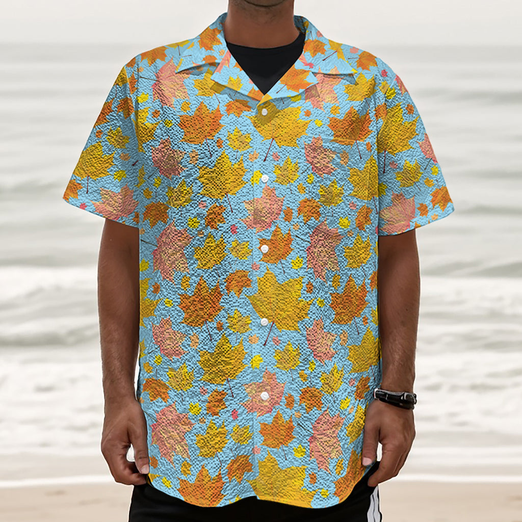 Pastel Maple Leaves Pattern Print Textured Short Sleeve Shirt