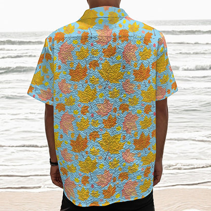 Pastel Maple Leaves Pattern Print Textured Short Sleeve Shirt