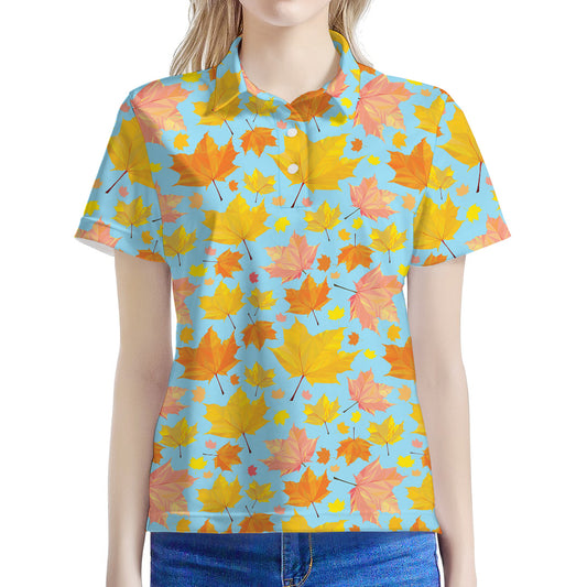Pastel Maple Leaves Pattern Print Women's Polo Shirt