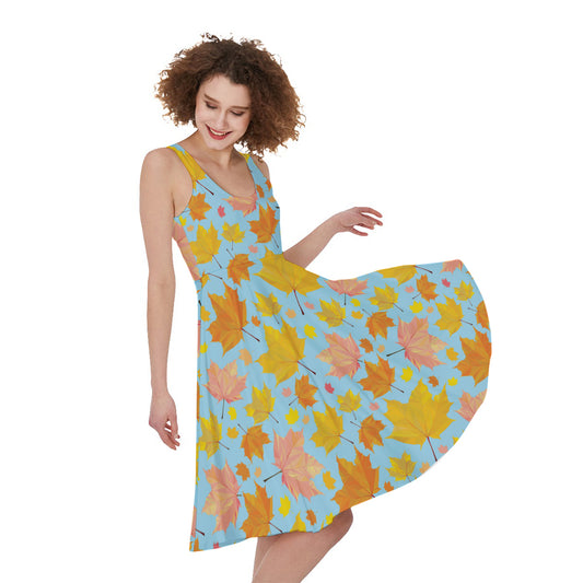 Pastel Maple Leaves Pattern Print Women's Sleeveless Dress