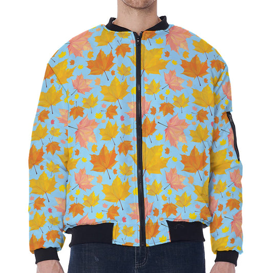 Pastel Maple Leaves Pattern Print Zip Sleeve Bomber Jacket