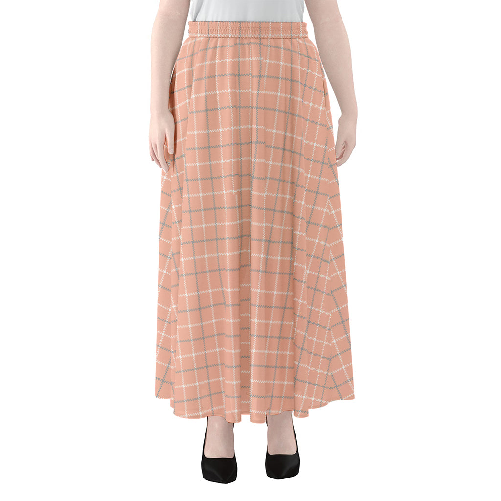 Pastel Orange Tattersall Pattern Print Chiffon Maxi Skirt