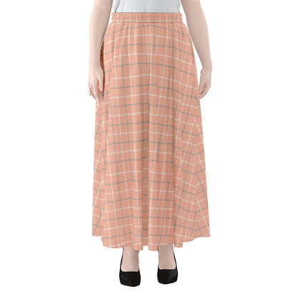 Pastel Orange Tattersall Pattern Print Chiffon Maxi Skirt