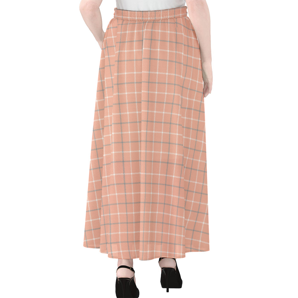 Pastel Orange Tattersall Pattern Print Chiffon Maxi Skirt