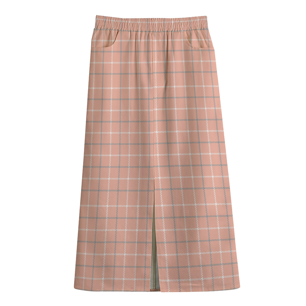 Pastel Orange Tattersall Pattern Print Cotton Front Slit Maxi Skirt